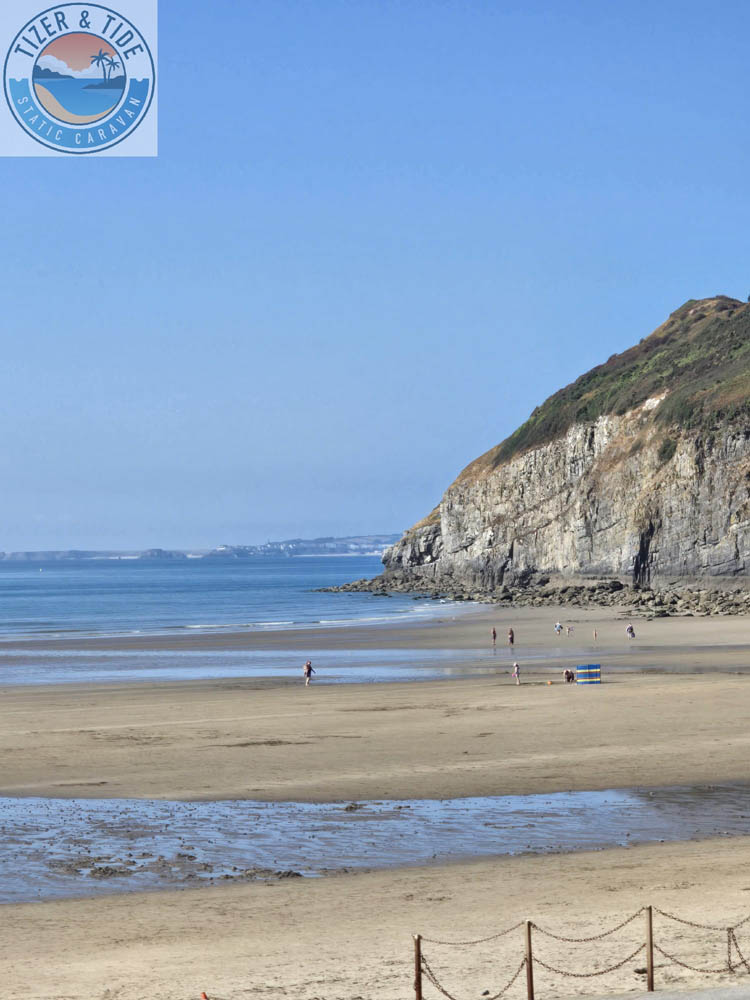 Pendine beach and cliffs under a clear sky